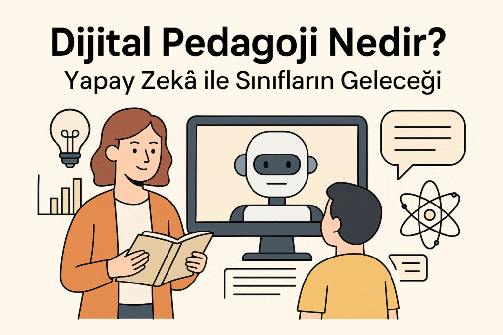 Dijital pedagojiyi anlatan öğretmen, öğrenci ve yapay zekâ illüstrasyonu